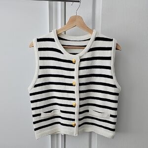 Elegant Black and White Striped Women's Cardigan Vest